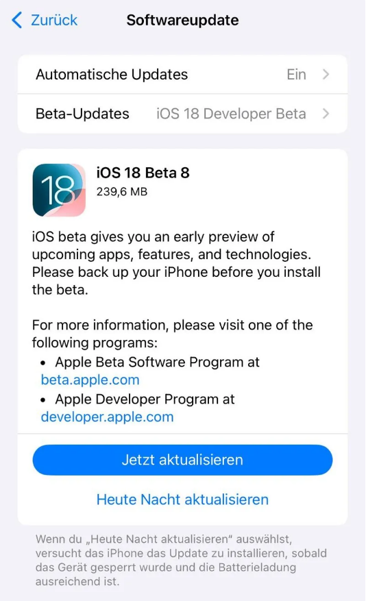 青州苹果手机维修分享苹果 iOS / iPadOS 18 开发者预览版 Beta 8 发布 